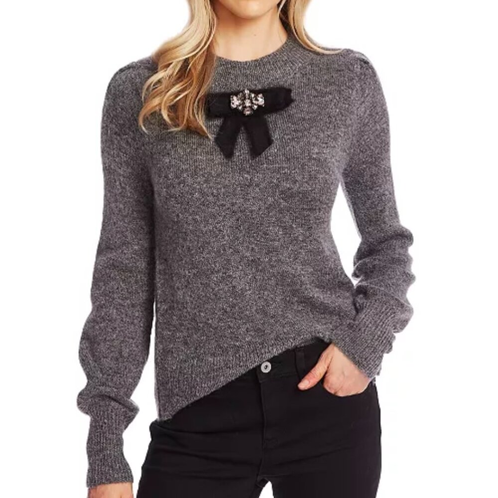 CeCe Long Sleeve Crewneck Sweater Grey with Bow. Small.